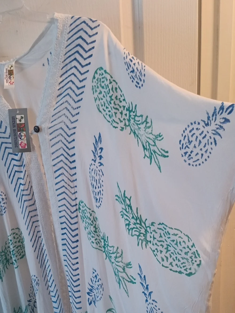 India Boutique White Kimono Cover-Up with Green and Blue Pineapple Print